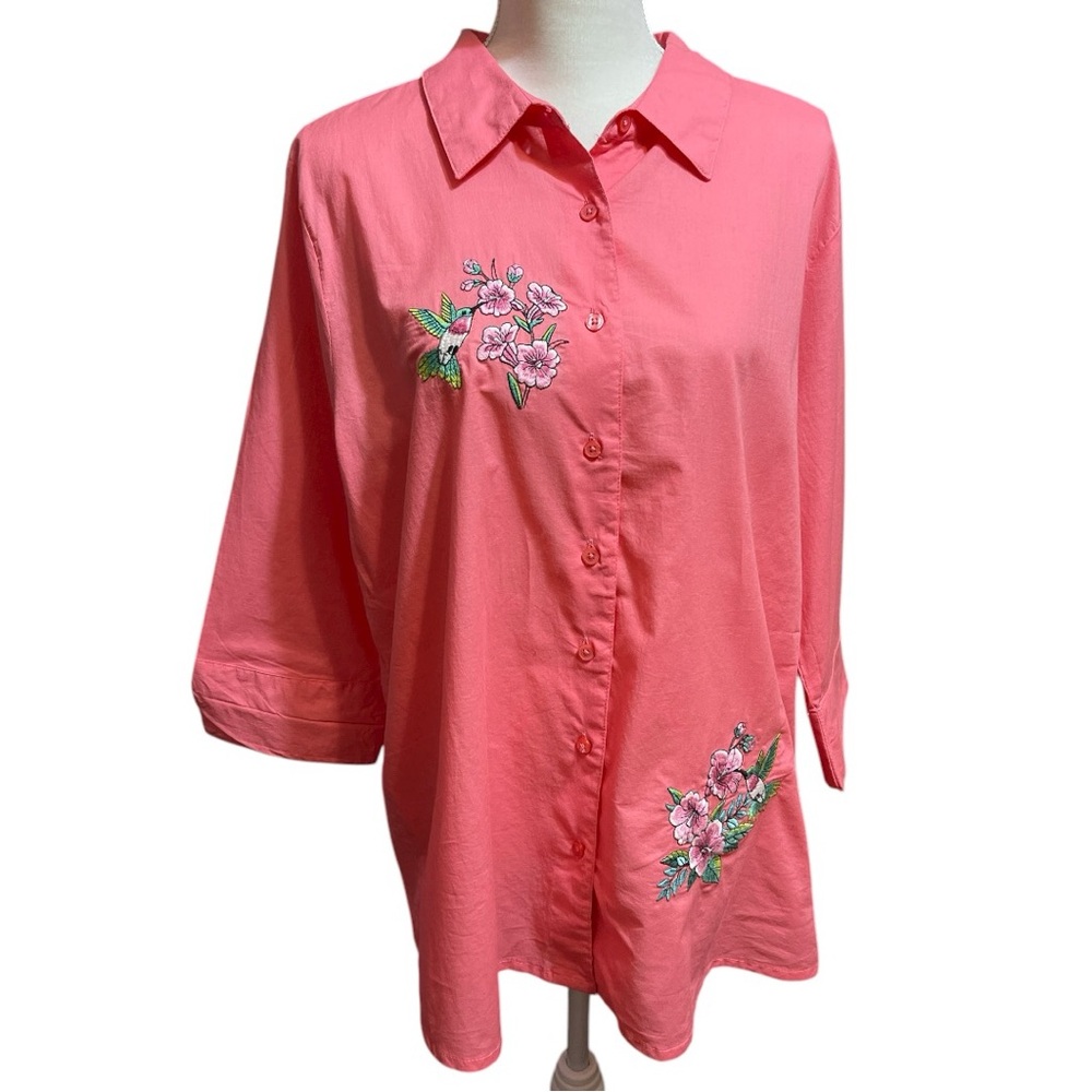 Collections ETC Embroidered Floral Hummingbird Button Shirt Pink XL Spring Artsy